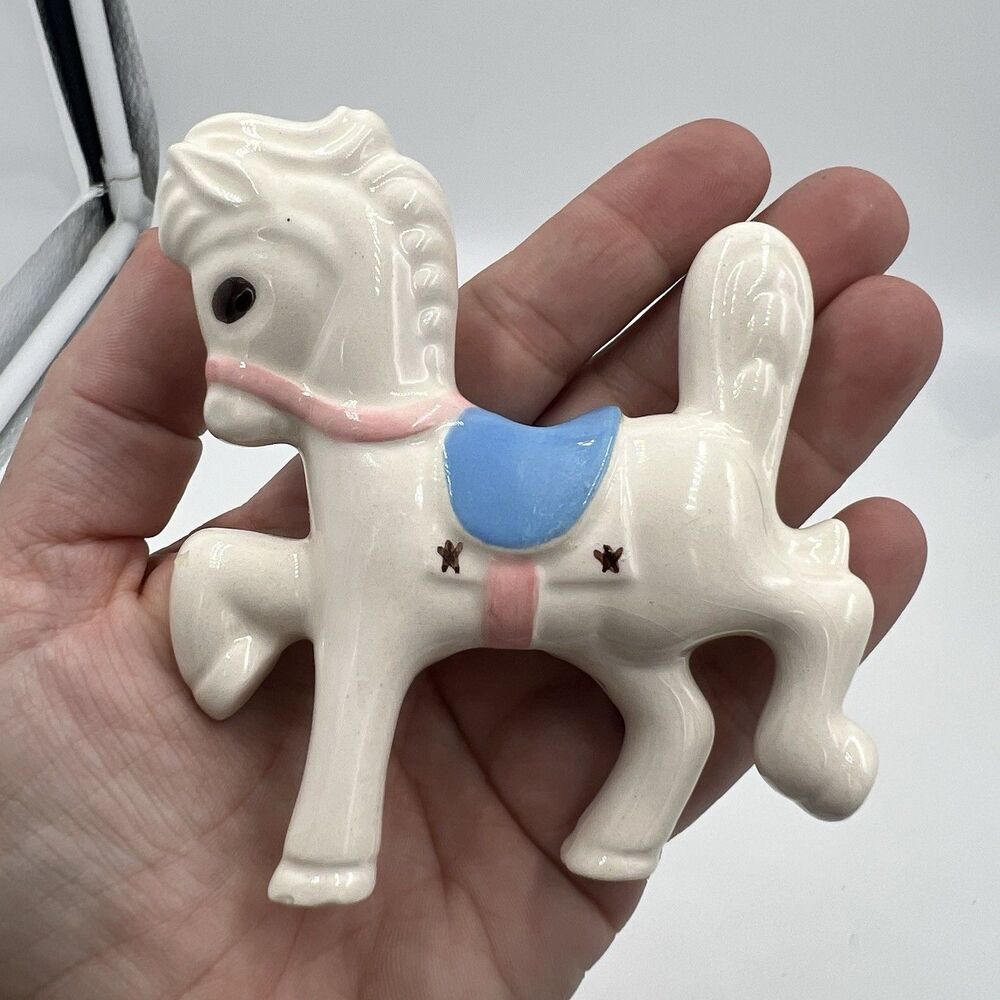 Rare Vintage Macrame Ceramic Bead Baby Horse Carousel Pink Blue Saddle Bridle